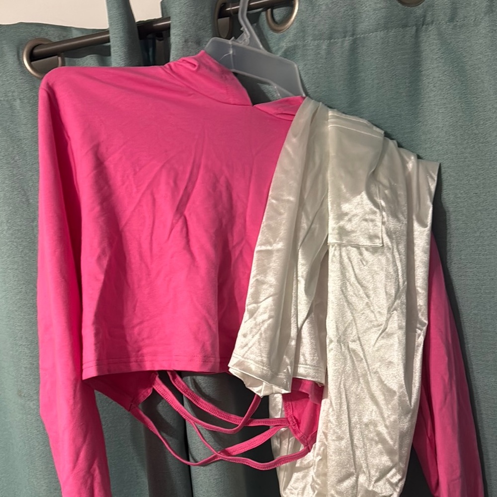 Hiphop Costume Hooded Hot Pink LongSleeve Crop Open Back, Long White Silk Cargos